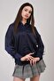 Oversize Model Sleeve Feather Detail Navy Blue Satin Shirt - 5