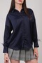 Oversize Model Sleeve Feather Detail Navy Blue Satin Shirt