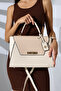 Women's Cream Crocodile Leather Bag with Lock Detail