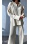 Women's Ribbed Collar Zippered Leg Slits Side Zipper Knitwear Suit Ecru - 3