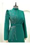 Crepes Dress with Stone-Embellished Shoulders and Belt -Emerald - 3