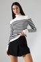 Half Turtleneck Striped Knitwear Sweater – Long & Fitted, 100% Viscose, Ecru-Black - 5