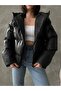 Women's Black Leather Hooded Puffer Coat