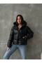 Women's Black Leather Hooded Puffer Coat - 4