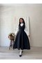 Long Black V-Collar Gilet Dress-White Drawstring Blouse Suit (Gilet-Bluz) - 3