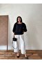 Black Crepe Balloon Sleeve Crew Neck Blouse - 2