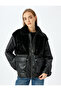 Plush Detailed Leather Look Puffer Jacket with Zippered Pockets - 3
