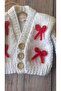 Hand-Knitted Red Bow White Color Buttoned Baby Girl Cardigan - 7