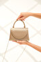 Women's Gold Fabric Evening Dress Stone Detailed Handle Chain Strap Evening Bag - 6