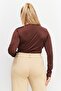 Women Crew Neck Long Sleeves Cut Out Top, Chocolate Brown - 4