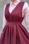 Burgundy Cotton V Neck Long Gilet Vintage Dress 140 cm Length - 2