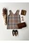 Tan Patterned Plaid Girls' Winter V-Neck Gilet Dress - 3