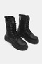 Women's Black Leather Thermo Sole Embroidered Tile Patterned Lace up and Zippered Boots - 3