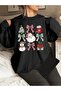Women's Festive Christmas Graphic Printed Crew Neck Oversize Black Gray White Red Sweatshirt