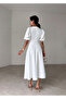 White Crew Neck Balloon Sleeve Flared Midi Length Premium Dress - 3