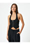 Sleeveless Crop Jacket with U Collar Zipper Pocket Detail - 3