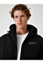 Zippered Pocket Detailed Slogan Printed Hooded Puffer Jacket