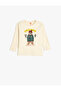 Teddy Bear Printed Crew Neck Long Sleeve Cotton T-Shirt