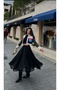 Black Chiffon Elastic Waist Zippered Midi Length Flared Skirt