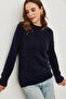 Women's Navy Blue Crew Neck Soft Textured Beard Sweater Kzk-19000858 - 4