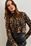 Women's Large Leopard Camel Piece Stand Collar Lycra Crop Blouse Blz- 19002398 - 6