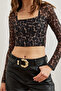 Women's Black Front Lined Crop Leopard Tulle Blouse Blz- 19002790 - 5