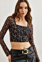 Women's Black Front Lined Crop Leopard Tulle Blouse Blz- 19002790 - 4