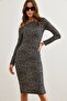 Women's Black Tiny Print Boat Neck Knitted Mini Dress Elb- 19002316 - 4