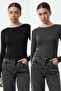 Siyah-Antrasit İkili Paket Crop/Kısa Fitted/Vücuda Oturan Örme Bluz TWOAW25BZ00061 - 8