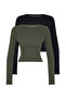 Black-Khaki 2 Pack Fitted Crew Neck Crop Ribbed Stretchy Knitted Blouse TWOAW22BZ0331 - 10