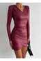 V-Neck Padded Shoulder Side Back Smocking Detail Asymmetrical Hem Long Sleeve Slim Leather Mini Dress