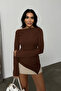 Women's Bitter Brown Draped Boat Neck Asymmetrical Lycra Knitted Blouse