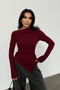 Women's Burgundy Draped Boat Neck Asymmetrical Lycra Knitted Blouse - 2