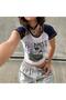 Navy Blue Raglan Sleeve Back To Nature Gray Melange Short Sleeve Crop - 5