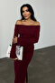 Women's Burgundy Carmen Collar Slit Detail Midi Length Basic Knitted Dress - 7