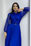 Cobalt Blue Halter French Guipure Pleated Evening Dress - 3