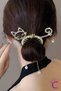 Cat Design Pearl and Rhinestone Spring-Loaded Hair Bun Clip Metal Gold - Dangling Hair Bun Clip