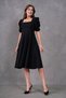 Women's Black Crepe Fabric Short Sleeve Square Neck Midi Length Black Evening Dress 080 - 5