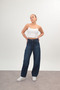 Navy Blue Baggy Adjustable Waist Buckle Women's Wide Leg 2024 New Model Jeans - 3