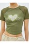 Crop T-Shirt Printed Mesh Detailed Crew Neck Cotton - 5
