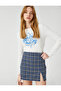Checked Mini Shorts Skirt with Slit Detail on the Front - 2
