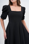 Stretchy Crepe Fabric Short Balloon Sleeves Square Neck Midi Length Black Evening Dress 080 - 5