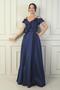 Women's Spaghetti Strap Boat Neck Long Taffeta Evening Dress with Rose Detail, Lined, Pocketed - 3