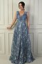 Women's Front and Back V-Neck, Bust Pleat, Back Lace-up, Lined, Glitter Flock Print Long Evening Dress - 3