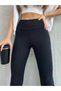 Women's Flared Leg Navy Blue High Waist, Wide Belt Combed Cotton Leggings - 4