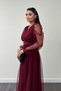 Tulle Fabric Wrap Neckline Dress with Stone Belt Detail - BURGUNDY - 4