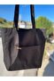 Black Raw Fabric Tote Tote Shoulder Bag with Pocket Detail - 2