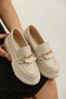 Beige Leather Pearl Buckle Detail Women's Loafers Topstitched Sole