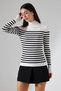 Half Turtleneck Striped Knitwear Sweater – Long & Fitted, 100% Viscose, Ecru-Black