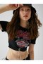 Crop T-Shirt Printed Chain Detailed Crew Neck Ribbed